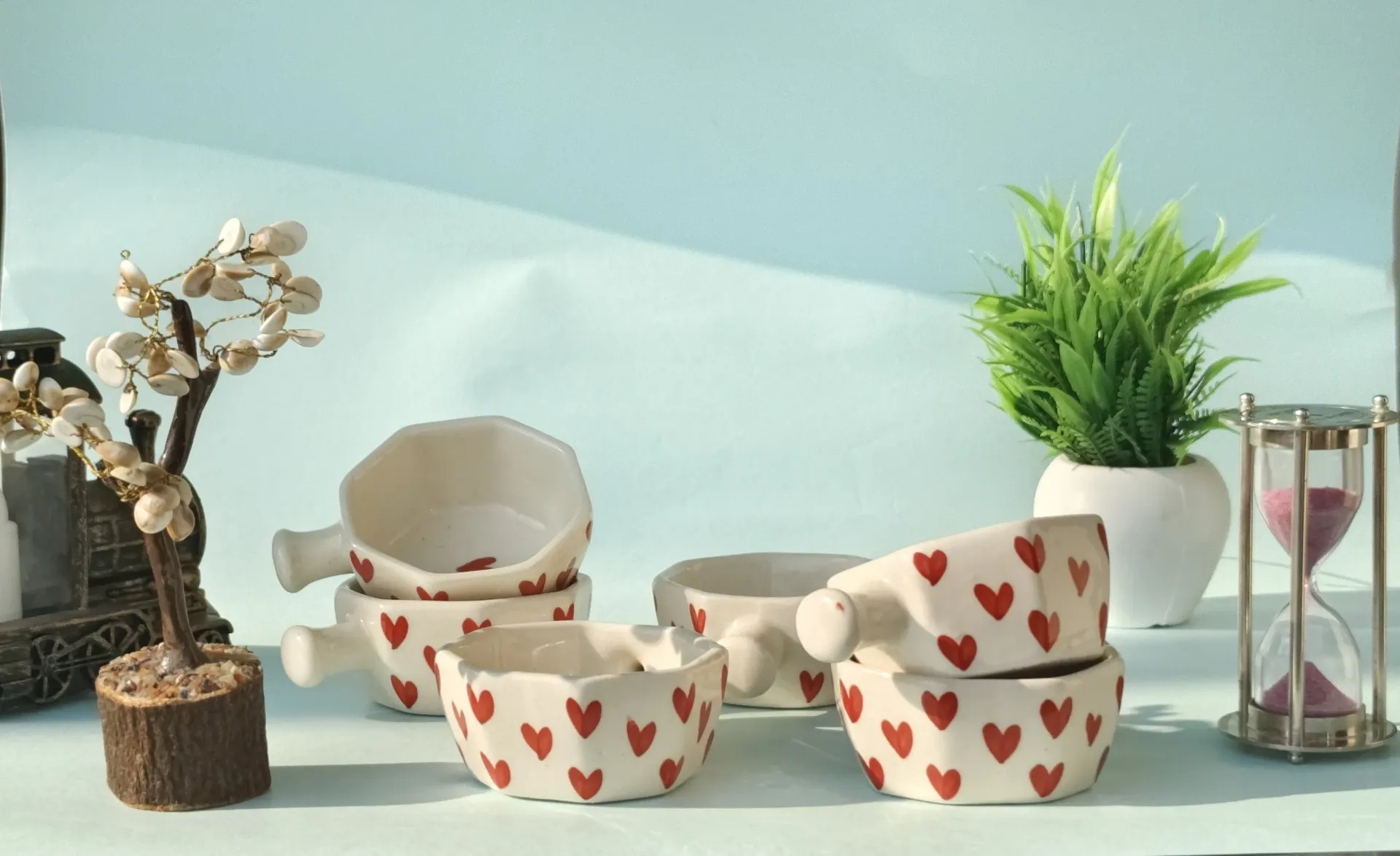 [P21] Ceramic Condiment Bowls Set of 6 | Hand-Painted Heart Design | Dipping Bowls for Sauce, Pickle, Chutney & Snacks