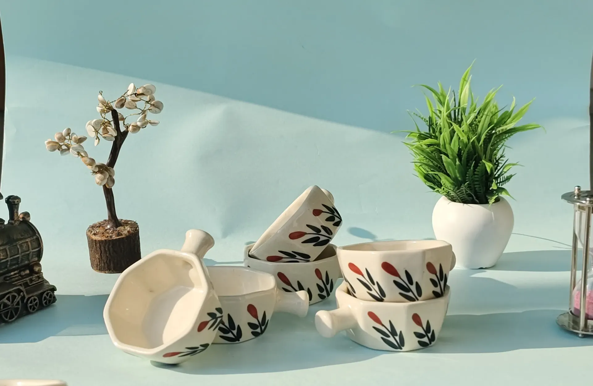 Ceramic Condiment Bowls Set of 6 with Handle | Hand-Painted Floral Design | Chutney, Pickle & Sauce Serving Bowls