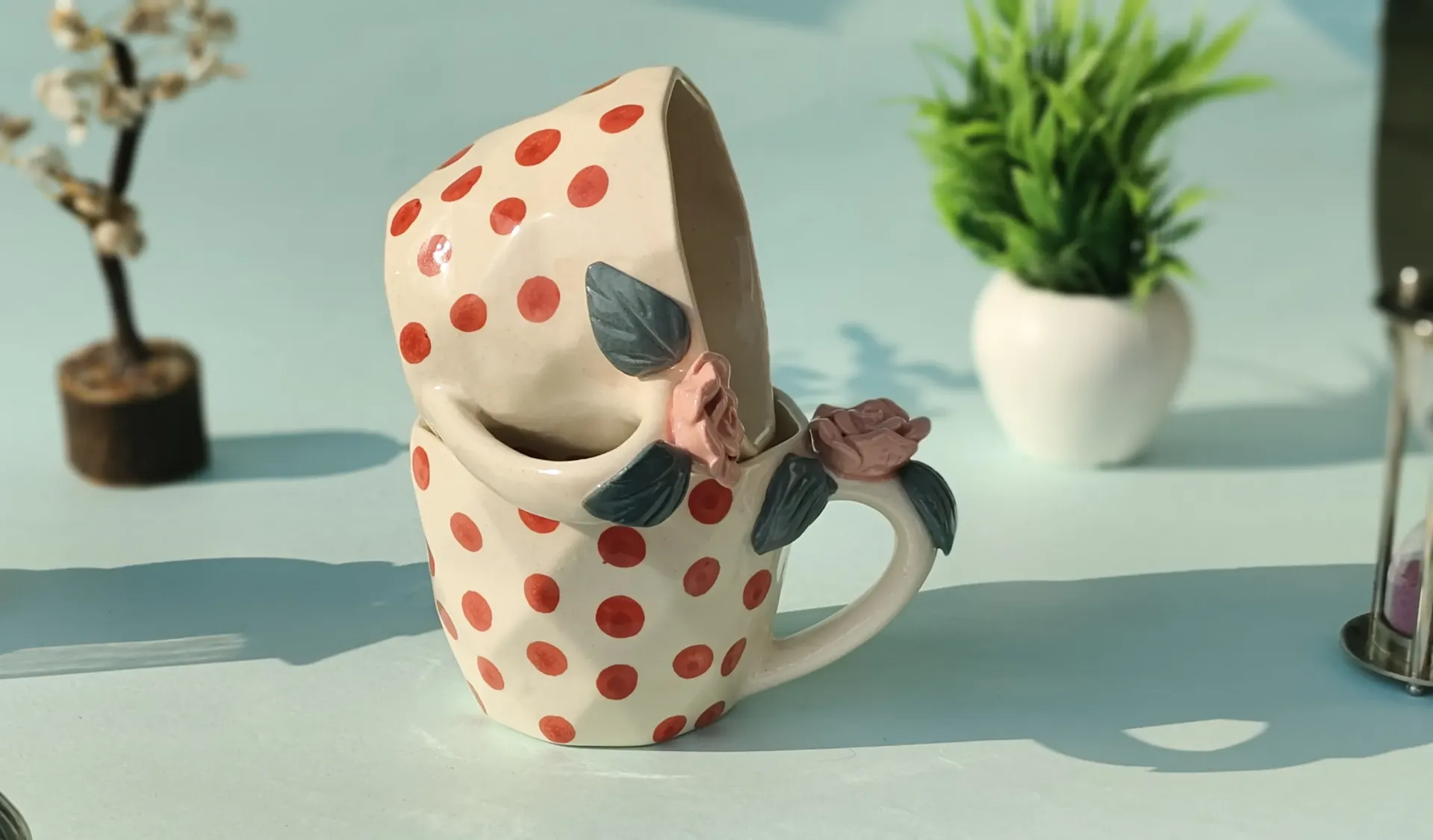 [P23] Ceramic Coffee Mug with Floral Handle & Matching Cup | Hand-Painted Polka Dot Design.