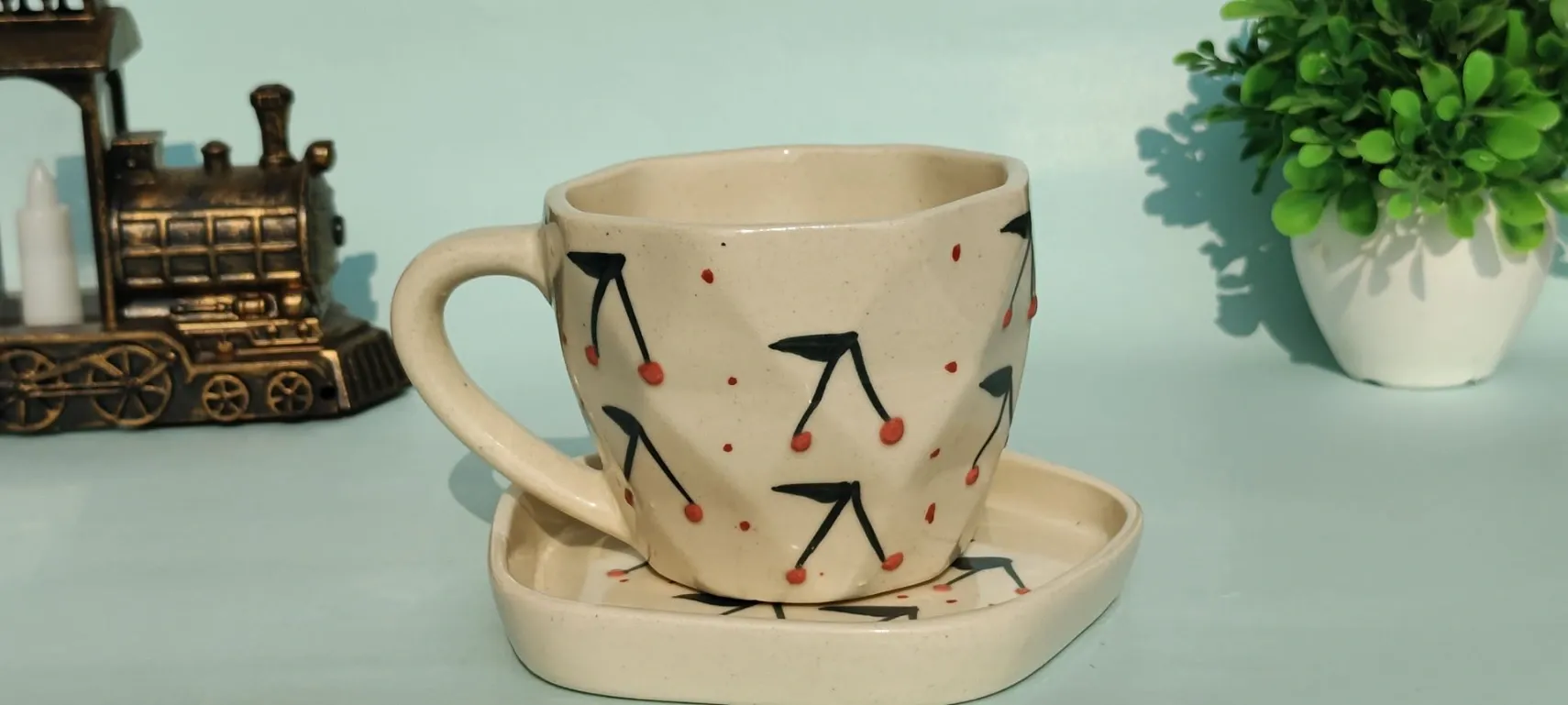 "Sweet Cherry Diamond" Ceramic Tea Cup and Saucer Set